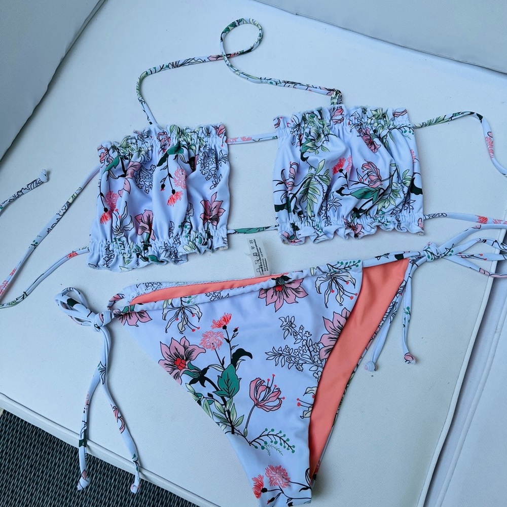 ZAFUL Women Bikini Bandeau/Halter Tie Ruffle Cutout Swimsuit